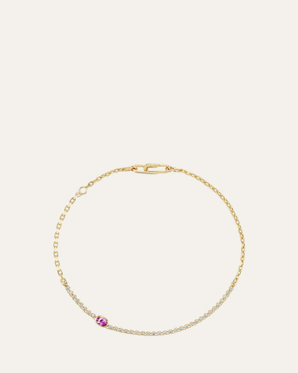 18K Yellow Gold Vessel Diamond Tennis Necklace with Oval Pink Sapphire